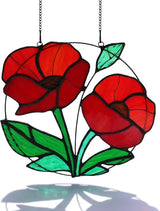 Red Flowers Stained Glass Window Hanging,Artificial Poppy Flower Suncatcher Wall Art Decor,Red Poppy Modern Artwork Hanging Decorations for Bedroom Living Room,Memorial Gift