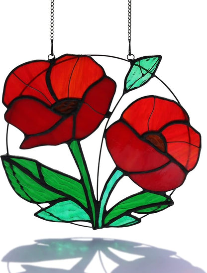 Red Flowers Stained Glass Window Hanging,Artificial Poppy Flower Suncatcher Wall Art Decor,Red Poppy Modern Artwork Hanging Decorations for Bedroom Living Room,Memorial Gift