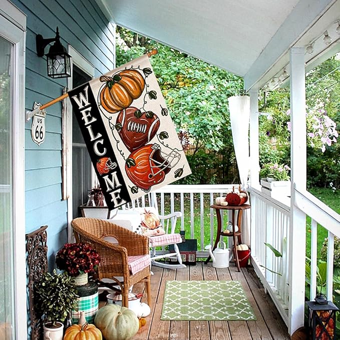 Fall Football Welcome House Flags 28x40 Inch Double Sided, Pumpkin Autumn Sports Game Day Sign Thanksgiving Seasonal Yard Outside Decor DF330-28
