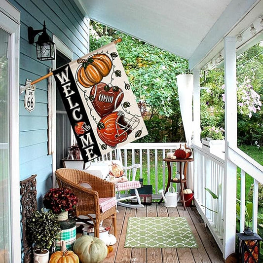 Fall Football Welcome House Flags 28x40 Inch Double Sided, Pumpkin Autumn Sports Game Day Sign Thanksgiving Seasonal Yard Outside Decor DF330-28