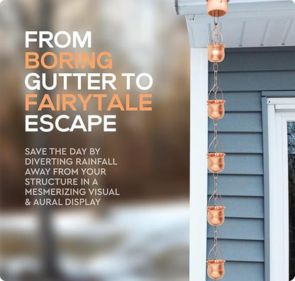8.5’ Long Copper Rain Chain, Decorative Cups & Chimes, Gutter Downspout Replacement, Water Diverter for Home, Pot Style, Universal Fit