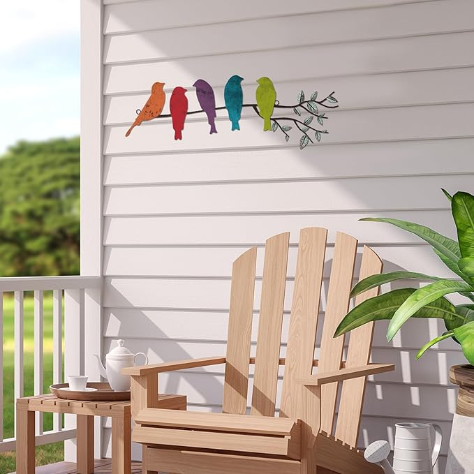 Ferraycle Metal Bird Wall Art - Birds on Branch with Leaves - Metal Sculpture Wall Hanging Sign for Balcony, Garden, Home Decor(Fresh Colors)
