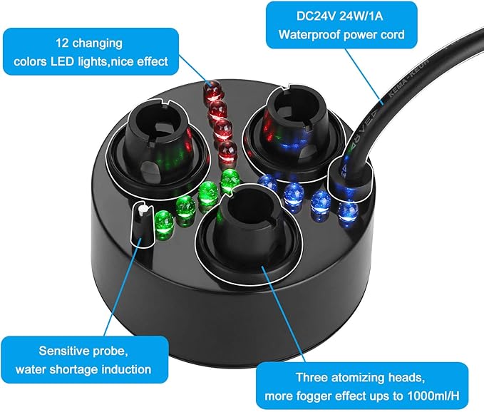 FITNATE Three-Head Mist Maker, Larger Fogger with 12 LED Light Fog Machine 1500ML/H Atomizer for Halloween, Pond, Garden, Rockery,Yard
