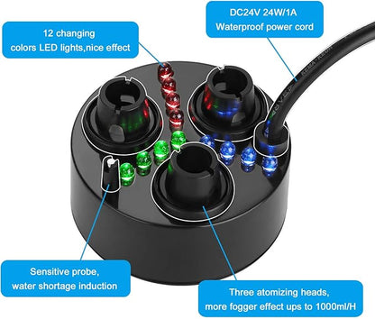 FITNATE Three-Head Mist Maker, Larger Fogger with 12 LED Light Fog Machine 1500ML/H Atomizer for Halloween, Pond, Garden, Rockery,Yard