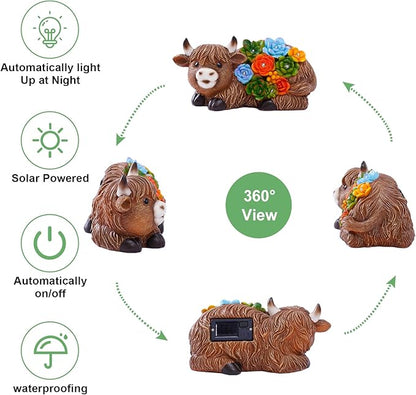 Highland Cow Garden Statues with Succulent: Outdoor Decor with Lights for Patio Balcony Yard Ornament - Unique Gifts for Mom Grandman Woman(Brown)