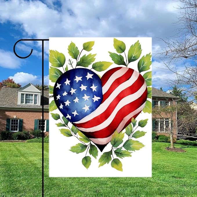 Gkyygk Welcome Patriotic Heart Green Leaf Welcome Garden Flag 12x18 Inch Double Sided Seasonal Yard Burlap Banners Outdoor Flag for Men Women