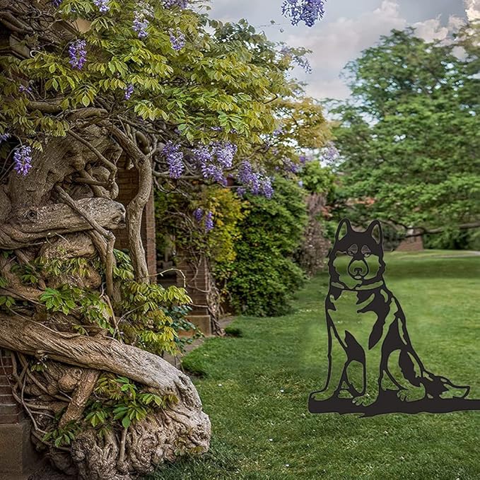 Adorable Dog Stake Decoration Yard Garden Outdoor Metal Art Dog Silhouette Decoration Steel Dogs Statue Adorable Ornament Gift Contour Black Dog (Husky)
