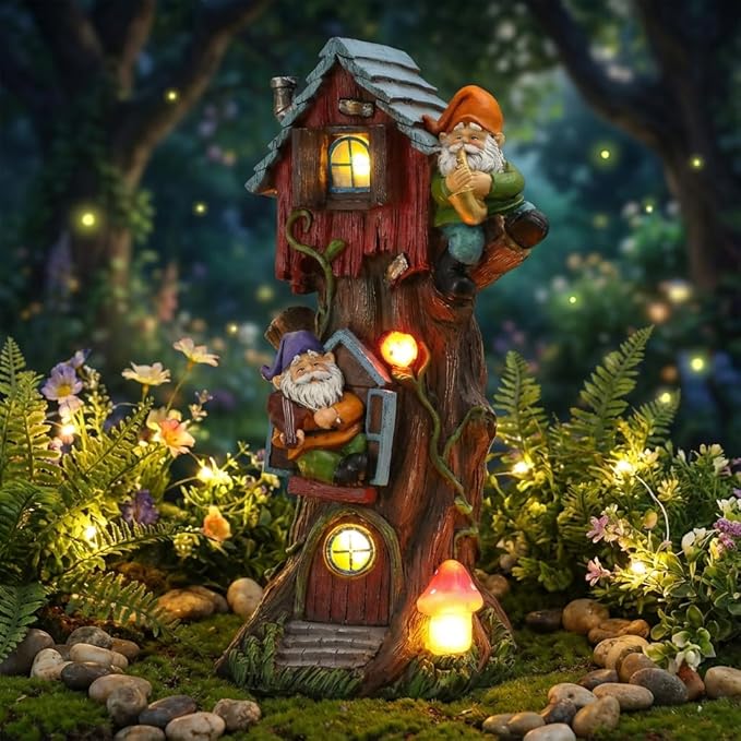 TERESA'S Collections 11" Tall Large Garden Statues Gnome Treehouse with Solar Outdoor Light, Garden Sculptures Statues Figurines Resin Garden Decor Lawn Ornaments Patio Yard Decor Gifts for Mom