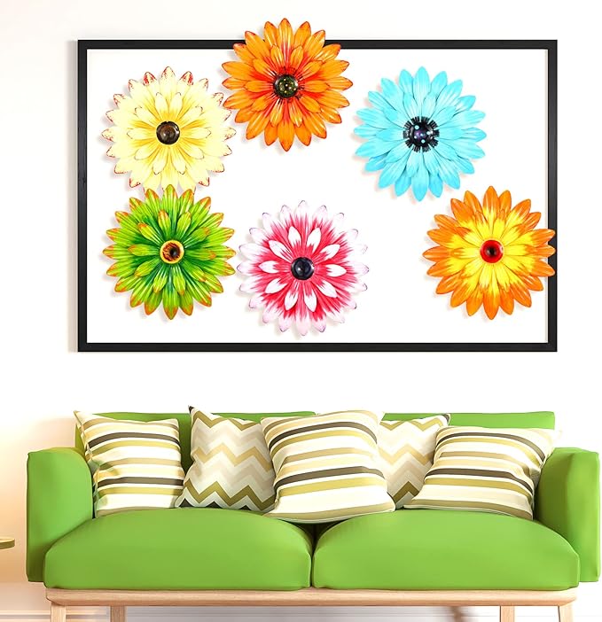 Photect 6 Pcs Metal Flowers Wall Decor Hanging Outdoor Metal Daisy Wall Art Decorations Multiple Layer 3D Daisy Flowers for Garden Farmhouse, 8 Inch(Classic Color)