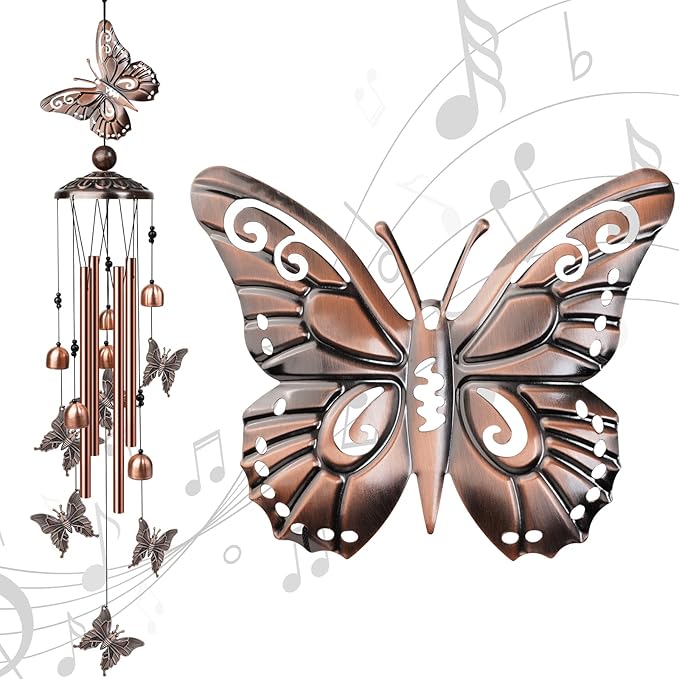 Butterfly Wind Chimes for Outside, Decorative Wind Chimes with 4 Aluminum Tubes Hanging Bells, Memorial Windchimes Outdoors with S Hook for Patio Garden Decor, Birthday Gifts for Mom Grandma