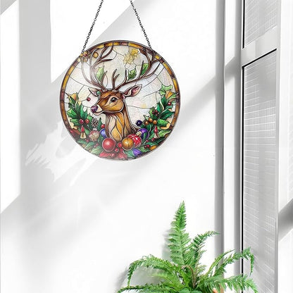 Bimkole Deer Stained Glass Suncatcher Window Hanging - Animal Indoor Window or Doorway Decoration - Handmade Sun Catcher Decor for Garden Home Christmas & Birthday Gifts 7.87x7.87 inch