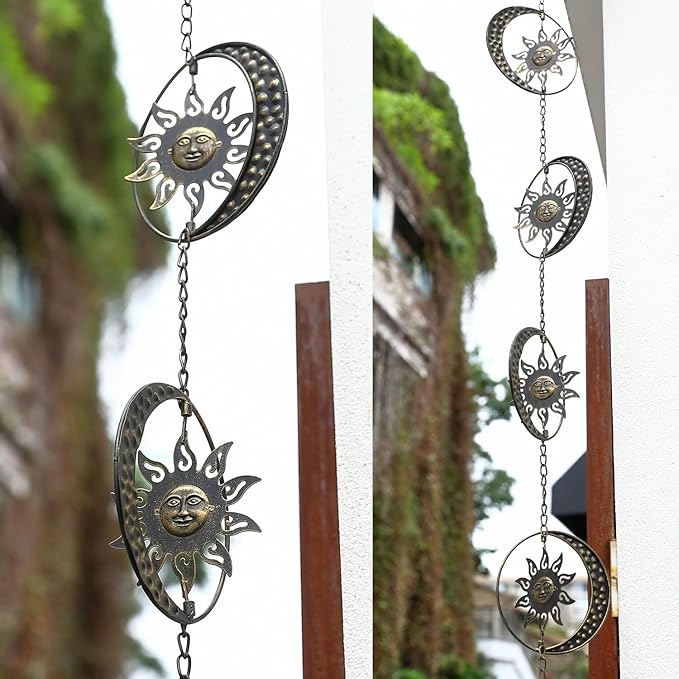 Decorative Sun and Moon Rain Chain, 8.5Ft Metal Rain Chimes for Gutters, Vintage Rotational Sun Rain Chain Downspouts, Functional Replacement Gutter Chains for Outside, Garden Rain Catcher Chain