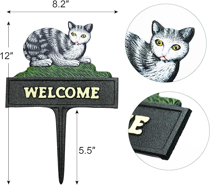 Sungmor Vintage Farmhouse Decorative Garden Stake Welcome Sign, 12" Tall Heavy Duty Sturdy Cast Iron Lovely Cat Statue, Indoor Outdoor Garden Pots Lawn Patio Courtyard Landscaping Decor Funny Stakes