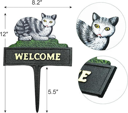Sungmor Vintage Farmhouse Decorative Garden Stake Welcome Sign, 12" Tall Heavy Duty Sturdy Cast Iron Lovely Cat Statue, Indoor Outdoor Garden Pots Lawn Patio Courtyard Landscaping Decor Funny Stakes