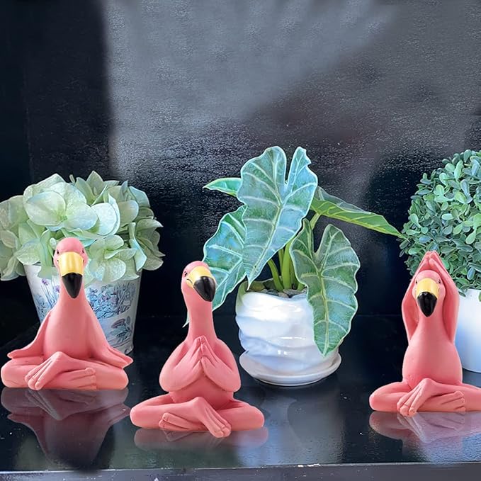 Goodeco 2.4" Mini Yoga Flamingo Figurines - Tiny Gifts Whimsical Kawaii Pink Flamingo Desk Decor, Set of 3 Fairy Garden Lawn Statues, Flamingo Gifts for Women/Mom/Grandma