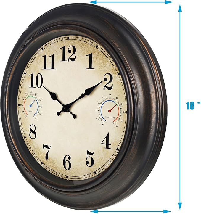 18 Inch Large Outdoor Wall Clock with Thermometer & Hygrometer, Waterproof Retro Bronze Garden Clock for Patio, Pool, Backyard, Farmhouse Decor, Silent Non-Ticking