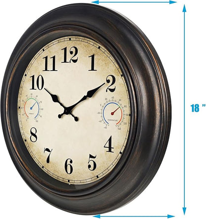 18 Inch Large Outdoor Wall Clock with Thermometer & Hygrometer, Waterproof Retro Bronze Garden Clock for Patio, Pool, Backyard, Farmhouse Decor, Silent Non-Ticking
