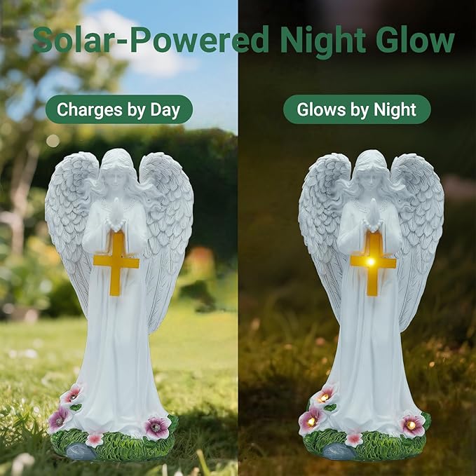 Solar Angels for Outside Garden, Angel Statue with Cross for Yard Lawn Patio Balcony, Chrisstmas, Memorial Gifts for Mom, Grandma, Women, 12 Inch,Resin
