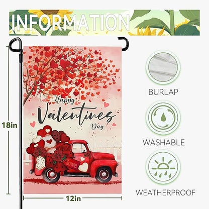 Valentines Garden Flags Red Truck Hearts Tree Yard Garden Flag Burlap 12x18 Inch Double Sided Sweet Love Flags for Outdoor Yard House Decor