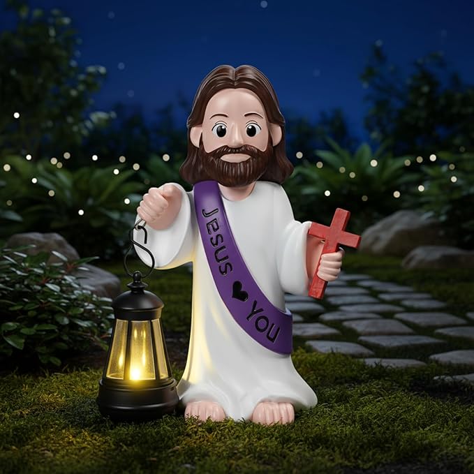 Capoda Solar Jesus Figurine 8 Inch, He is Risen Easter Statue with Glowing Lantern, Jesus Loves You Christian Resin Outdoor Garden Statue Decor, Religious Easter Gifts (Cross,Purple)