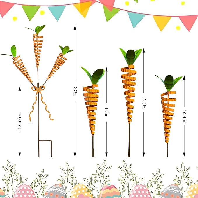 Easter Yard Stakes, 28-Inch 3-Head Carrot Metal Garden Stakes, Rust-Resistant Coiled Iron Wire Outdoor Decor, Spring Easter Decorations Outdoor for Garden, Lawn, Patio, Easter Outdoor Decor