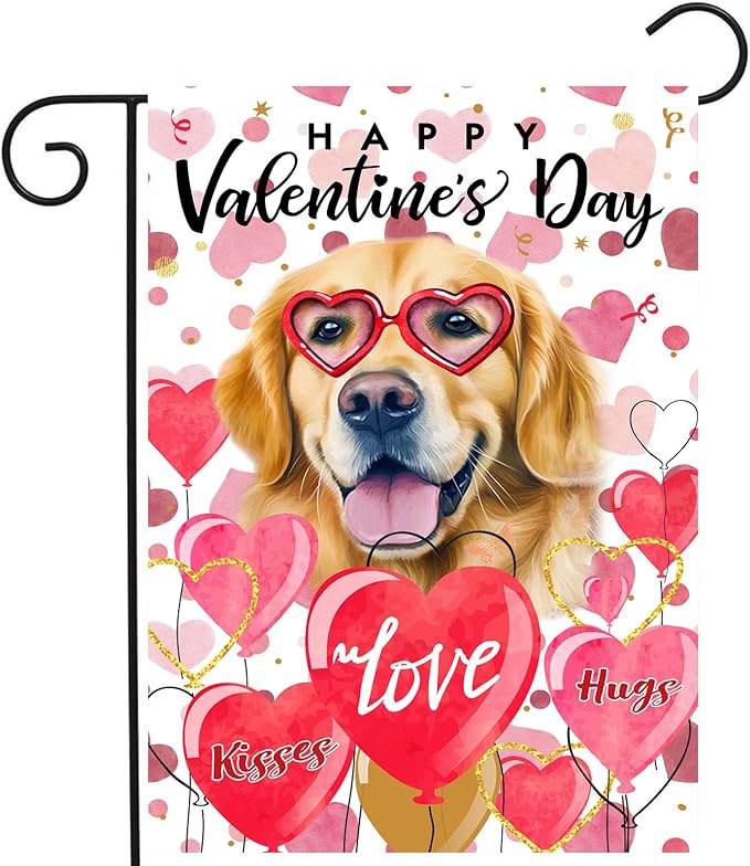 Golden Retriever Valentine Garden Flag Valentines Day Flags for Outside 12x18 Double Sided Small Yard Flags Dog Valentine's Day Decor Outdoor Lawn Valentines Banners Front Porch