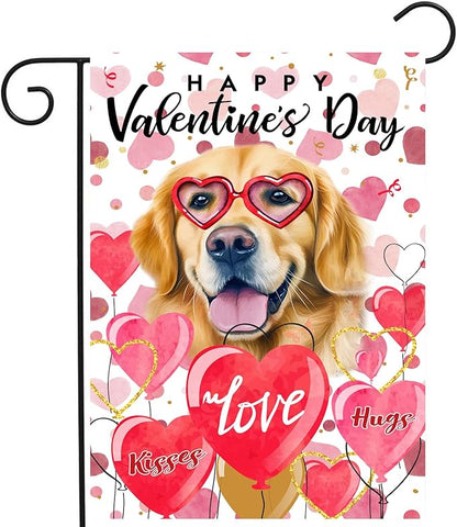 Golden Retriever Valentine Garden Flag Valentines Day Flags for Outside 12x18 Double Sided Small Yard Flags Dog Valentine's Day Decor Outdoor Lawn Valentines Banners Front Porch