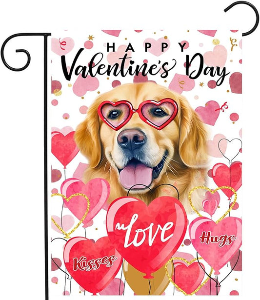 Golden Retriever Valentine Garden Flag Valentines Day Flags for Outside 12x18 Double Sided Small Yard Flags Dog Valentine's Day Decor Outdoor Lawn Valentines Banners Front Porch