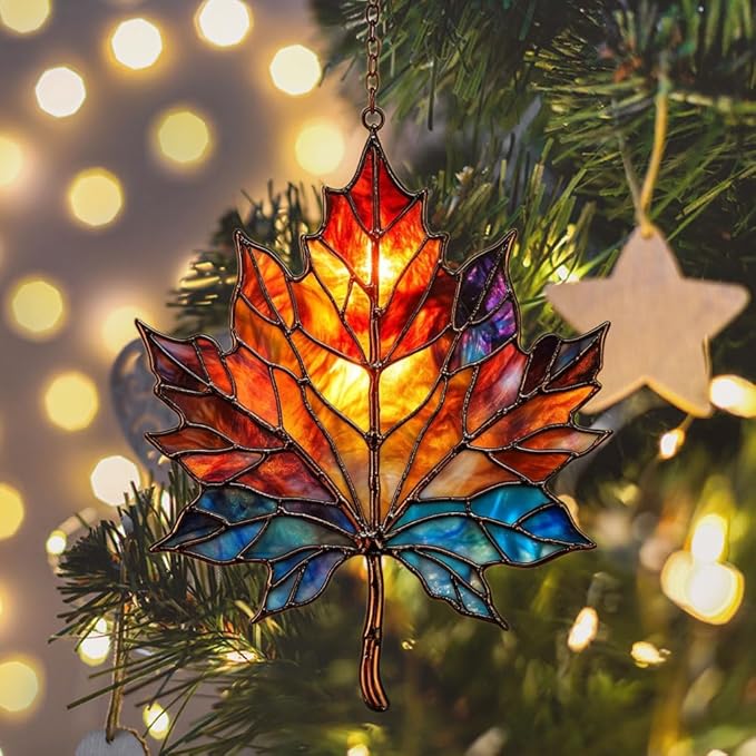 Maple Leaf in Autumn Acrylic Suncatcher Stained Glass Effect Window Car Hanging Christmas Ornament Indoor Outdoor Decor Garden Sun Catcher Panel for Maple Leaf Lover for Women Mom Grandma