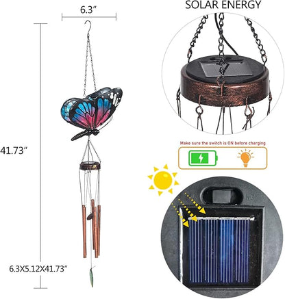 Asense Hanging Wind Chimes for Outside, Solar Powered LED Lights Butterfly Wind Chime, Outdoor Garden Lawn Yard Patio Decoration, Unique Decor Gifts