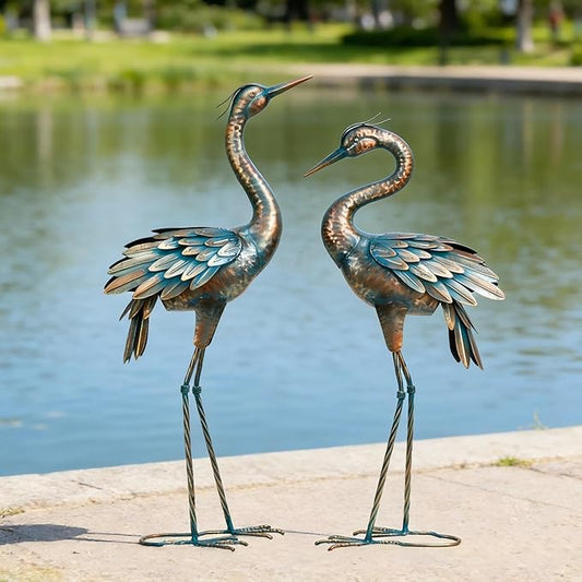 Shorayn Metal Crane Garden Statue, Garden Sculptures & Statues, Bronze Crane Ornaments Yard Art for Backyard Patio Lawn Decorations