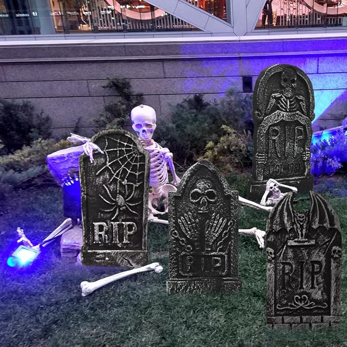 CAMIRUS 17" Halloween Foam Tombstones, 5 Pack RIP Tombstones Graveyard Headstone Decor with 10 Bonus Metal Stakes for Halloween Yard Garden Lawn Patio Outdoor Decorations