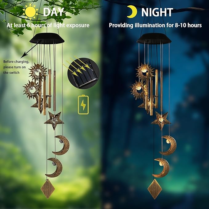 Solar Wind Chimes for Outside,Sun and Moon Wind Chime for Outside,Waterproof LED Wind Chimes,Solar Lantern Wind Chime Outdoor, for Wife/Mother/Grandma/Neighbors ect
