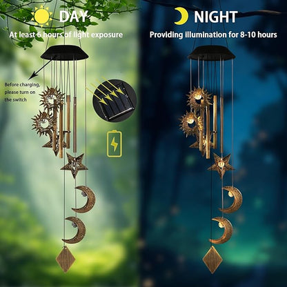 Solar Wind Chimes for Outside,Sun and Moon Wind Chime for Outside,Waterproof LED Wind Chimes,Solar Lantern Wind Chime Outdoor, for Wife/Mother/Grandma/Neighbors ect