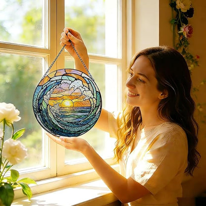 Stained Glass Window Hanging, 8 Inch Ocean Wave Suncatcher, Sun Catchers Indoor Window, Beach Coastal Suncatchers for Windows Hanging, Spring Home Garden Decor Panel, Beach Lover Gifts for Women Mom
