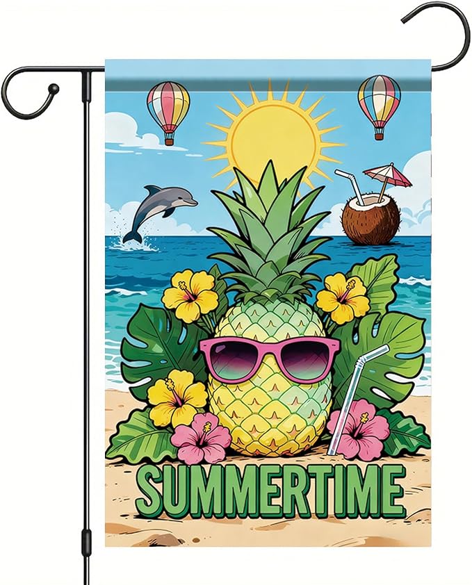 Summertime Pineapple Garden Flag Tropical Beach Sunglasses Outdoor Yard Porch Lawn Garden Decor for Summer Coastal Ocean Patio Pool Party Seasonal Home Display