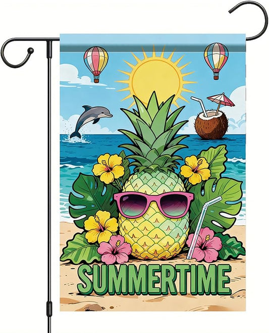 Summertime Pineapple Garden Flag Tropical Beach Sunglasses Outdoor Yard Porch Lawn Garden Decor for Summer Coastal Ocean Patio Pool Party Seasonal Home Display