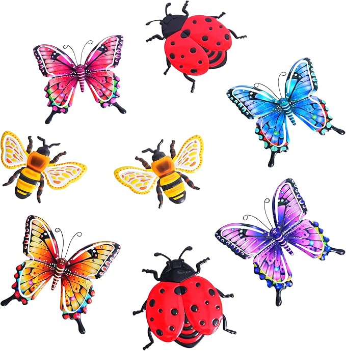 DEWEL 8 Pcs Metal Garden Decor for Outside, 3D Butterfly Ladybug Bee Outdoor Wall Decor, Outdoor Decor Wall Art, Colorful Hanging Decorations for Spring Garden Fence Patio Yard, Great Gift Choice