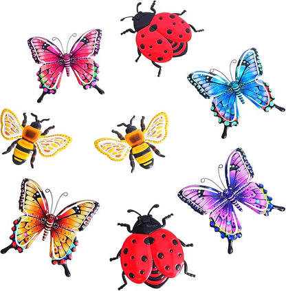 DEWEL 8 Pcs Metal Garden Decor for Outside, 3D Butterfly Ladybug Bee Outdoor Wall Decor, Outdoor Decor Wall Art, Colorful Hanging Decorations for Spring Garden Fence Patio Yard, Great Gift Choice
