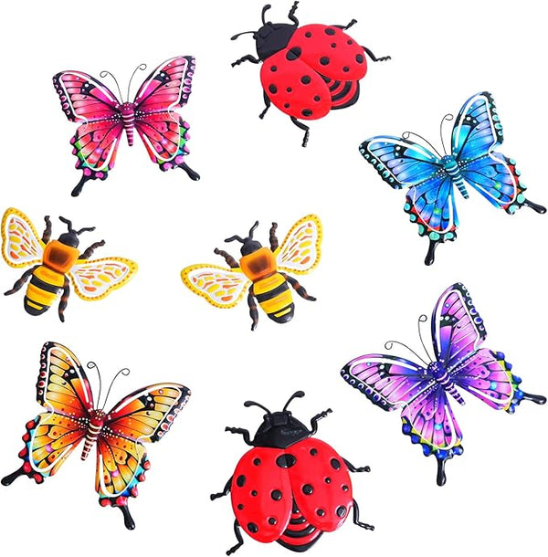 DEWEL 8 Pcs Metal Garden Decor for Outside, 3D Butterfly Ladybug Bee Outdoor Wall Decor, Outdoor Decor Wall Art, Colorful Hanging Decorations for Spring Garden Fence Patio Yard, Great Gift Choice