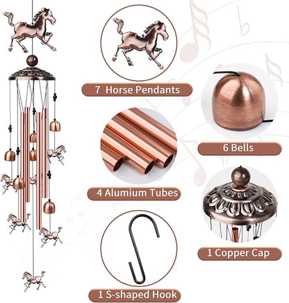 Horse Wind Chimes for Outside, Decorative Wind Chimes with 4 Aluminum Tubes Hanging Bells, Memorial Windchimes Outdoors with S Hook for Patio Garden Decor, Unique Gift for Mom Grandma