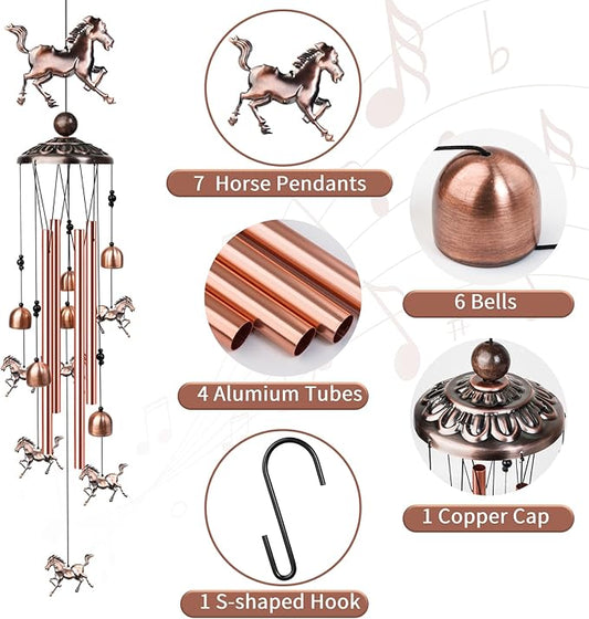 Horse Wind Chimes for Outside, Decorative Wind Chimes with 4 Aluminum Tubes Hanging Bells, Memorial Windchimes Outdoors with S Hook for Patio Garden Decor, Unique Gift for Mom Grandma