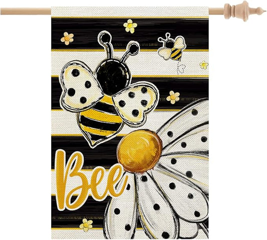 CROWNED BEAUTY Spring Summer House Flag Daisy Bee Double Sided 28x40 Inches Large Burlap Welcome Holiday Seasonal Yard Decoration for Outside Porch