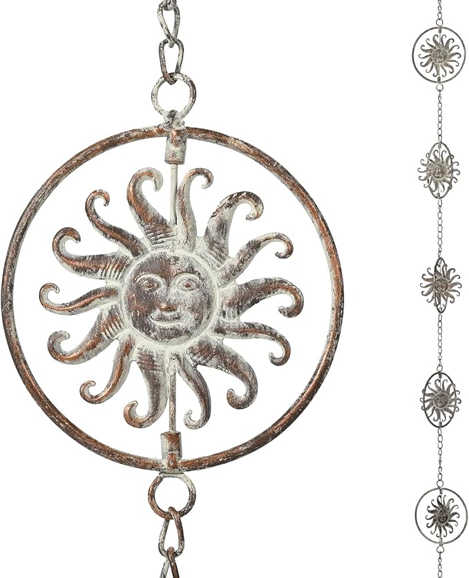 Sun Face Rain Chains, 8.5 Feet Length, Rain Gutter Chains, Functional and Decorative Replacement for Gutter Downspouts, Metal Loop Rain Catcher Chain, Rain Chains for Outside Garden Balcony Porch