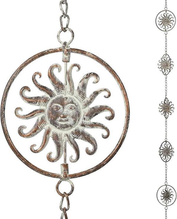 Sun Face Rain Chains, 8.5 Feet Length, Rain Gutter Chains, Functional and Decorative Replacement for Gutter Downspouts, Metal Loop Rain Catcher Chain, Rain Chains for Outside Garden Balcony Porch