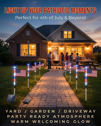 8 Solar American Flag Pathway Lights - Red, White & Blue Yard Glow for 250th Independence Celebration Us, Outdoor Garden Patriotic Decorations Set with Stake for 4th of July Party(8-Pieces)