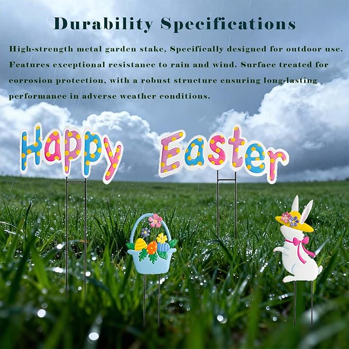 Easter decor Garden Stakes Set of 4,Easter decorations outdoor,Easter outdoor decorations yard,Metal easter yard decorations outdoor,Easter outdoor decorations, Easter Rabbit & Egg Yard Signs.