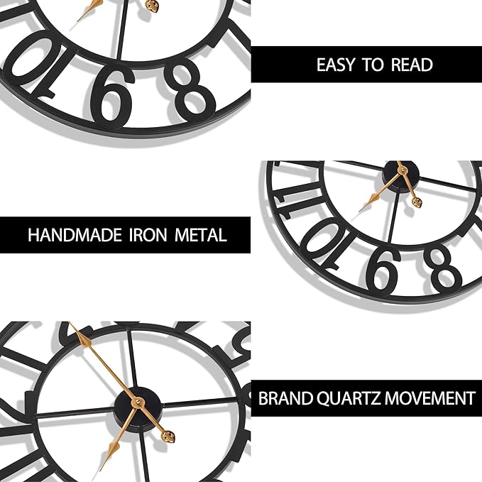 14 Inch Outdoor Clock for Patio, Large Poolside Wall Clock, Vintage European Industrial Skeleton Metal Clock, Silent Non-Ticking Battery Operated Outdoor Clock for Garden, Backyard, Porch or Fence