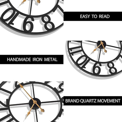 14 Inch Outdoor Clock for Patio, Large Poolside Wall Clock, Vintage European Industrial Skeleton Metal Clock, Silent Non-Ticking Battery Operated Outdoor Clock for Garden, Backyard, Porch or Fence