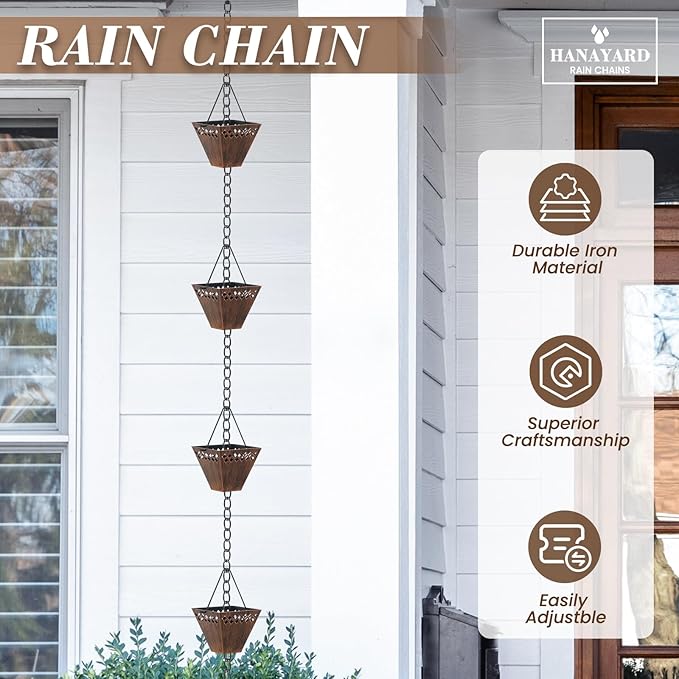 Square Rain Chain Gutter Downspout Copper Rain Chains for Gutters with 12 Cups, Adjustable Rain Catcher Chain with Bell for Outside Water Diverter Garden Decorative Garden, 8.5 Ft